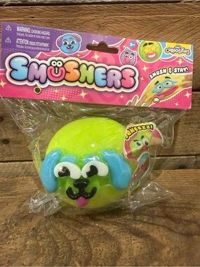 Authentic Smushers Neon Green Puppy Squeeze Toy with Blue Ears